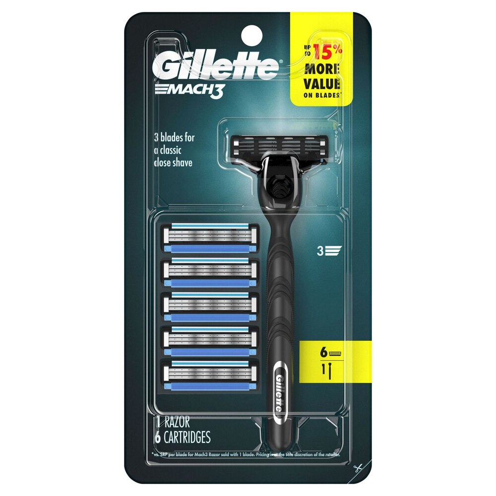 GILLETTE RAZOR MACH 3 BLADE HANDLE + 6 BLADE REFILL WITH LUBRICATING STRIP