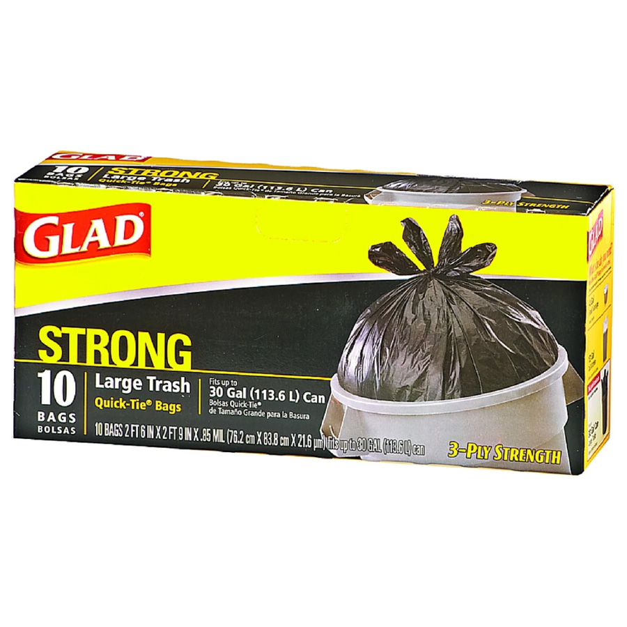 GLAD TRASH BAG 10 CT QUICK-TIE 30GL BLACK