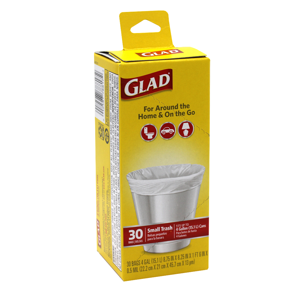 GLAD TRASH BAG 30 CT FLAT TOP 4 GL SMALL