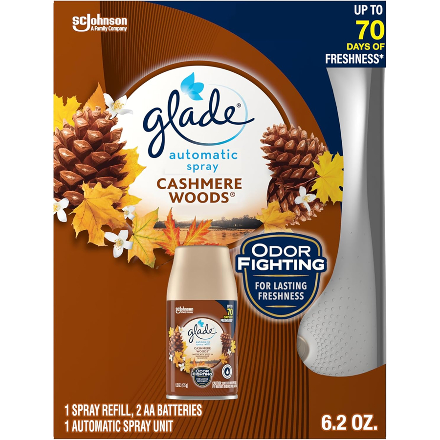 GLADE AUTO SPRAY KIT 6.2 OZ CASHMERE WOODS WITH REFILL+UNIT+BATTERIES
