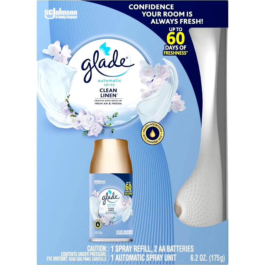 GLADE AUTO SPRAY KIT 6.2 OZ CLEAN LINEN WITH REFILL+UNIT+BATTERIES