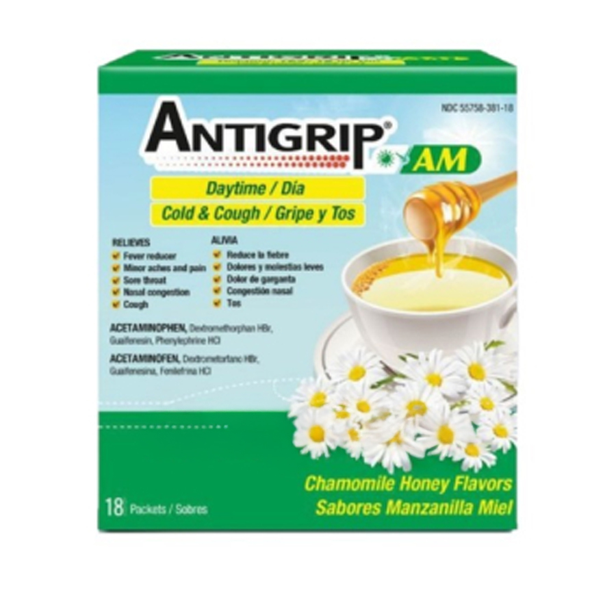 ANTIGRIP AM DAYTIME COLD & COUGH POWDER 18 CT BOX CHAMOMILE & HONEY FLAVOR