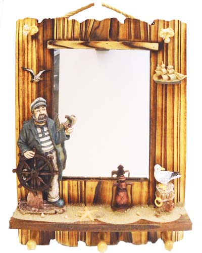 HANGING WALL MIRROR DECO 18 X 14 IN WITH HOOKS WOODEN PIRATE / SEAGULL THEMED