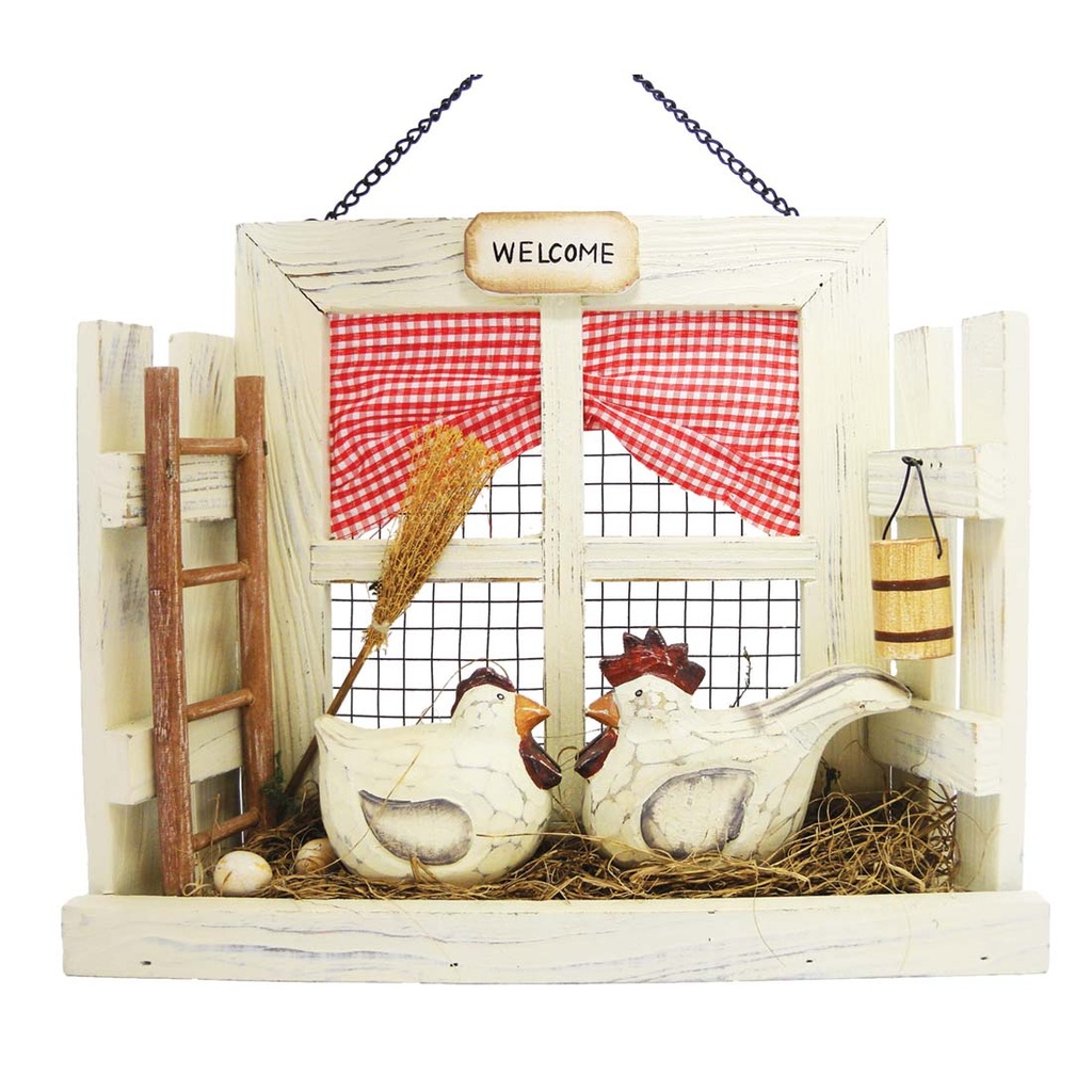 HANGING WALL WELCOME DECO 11.5X9.5 IN HEN AND ROOSTER SCENE TALL