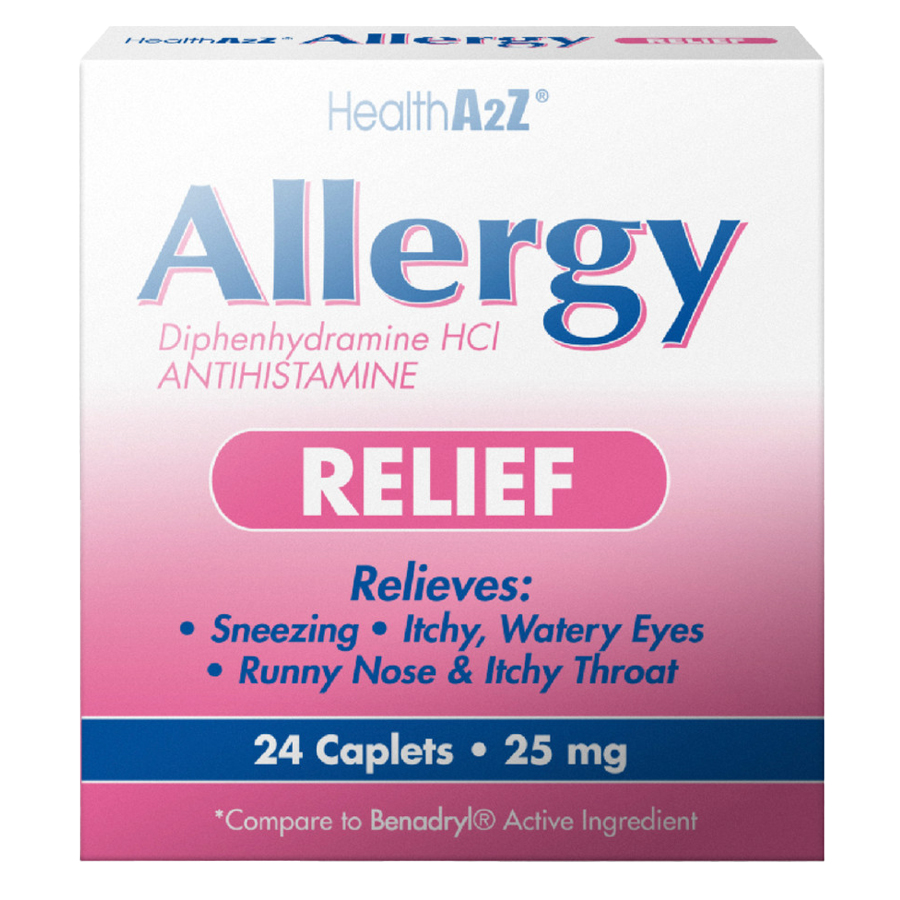 HEALTH A 2Z ALERGY RELIEF 25 MG 24 CT DIPHENHYDRAMINE COMPARE TO BENADRYL
