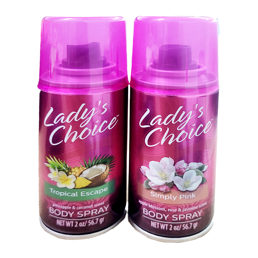 LADY'S CHOICE DEO SPRAY 2 OZ SIMPLY PINK & TROPICAL ESCAPE TRAVEL SIZE