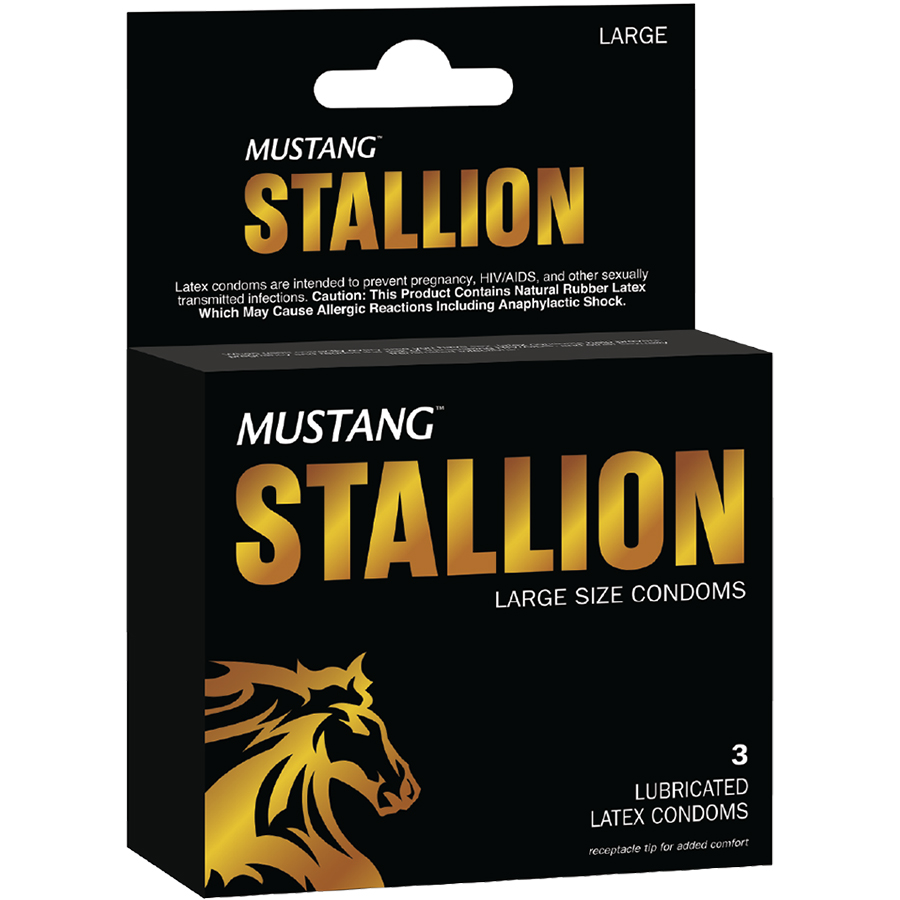 MUSTANG CONDOM 3 CT LARGE BLACK - STALLION