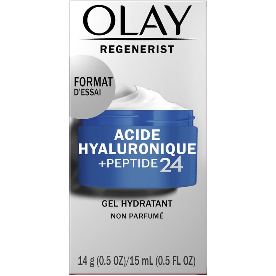 OLAY FACE MOISTURIZER 0.5 OZ / 14 G REGENERIST HYALURONIC+PEPTIDE 24 GEL FRAGRANCE FREE ALL SKIN TYPES