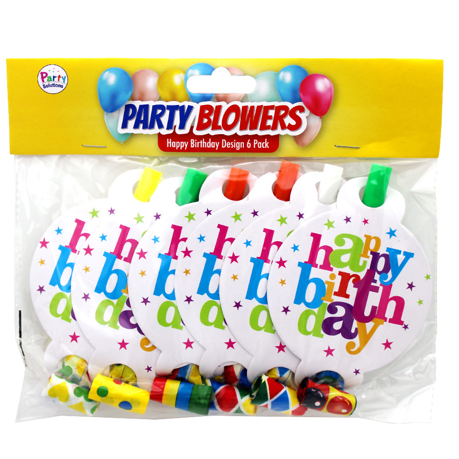 PARTY SOLUTION PARTY BLOWERS 6 PK HAPPY BIRTHDAY DESIGN ASSORTED COLORS