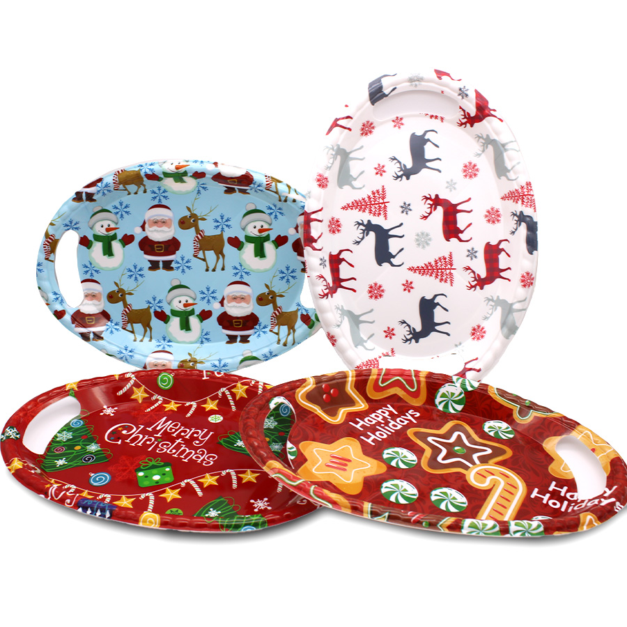 PARTY SOLUTION TRAY 13 X 9 IN CHRISTMAS WITH HANDLE OVAL ASSORTED DESIGNS
