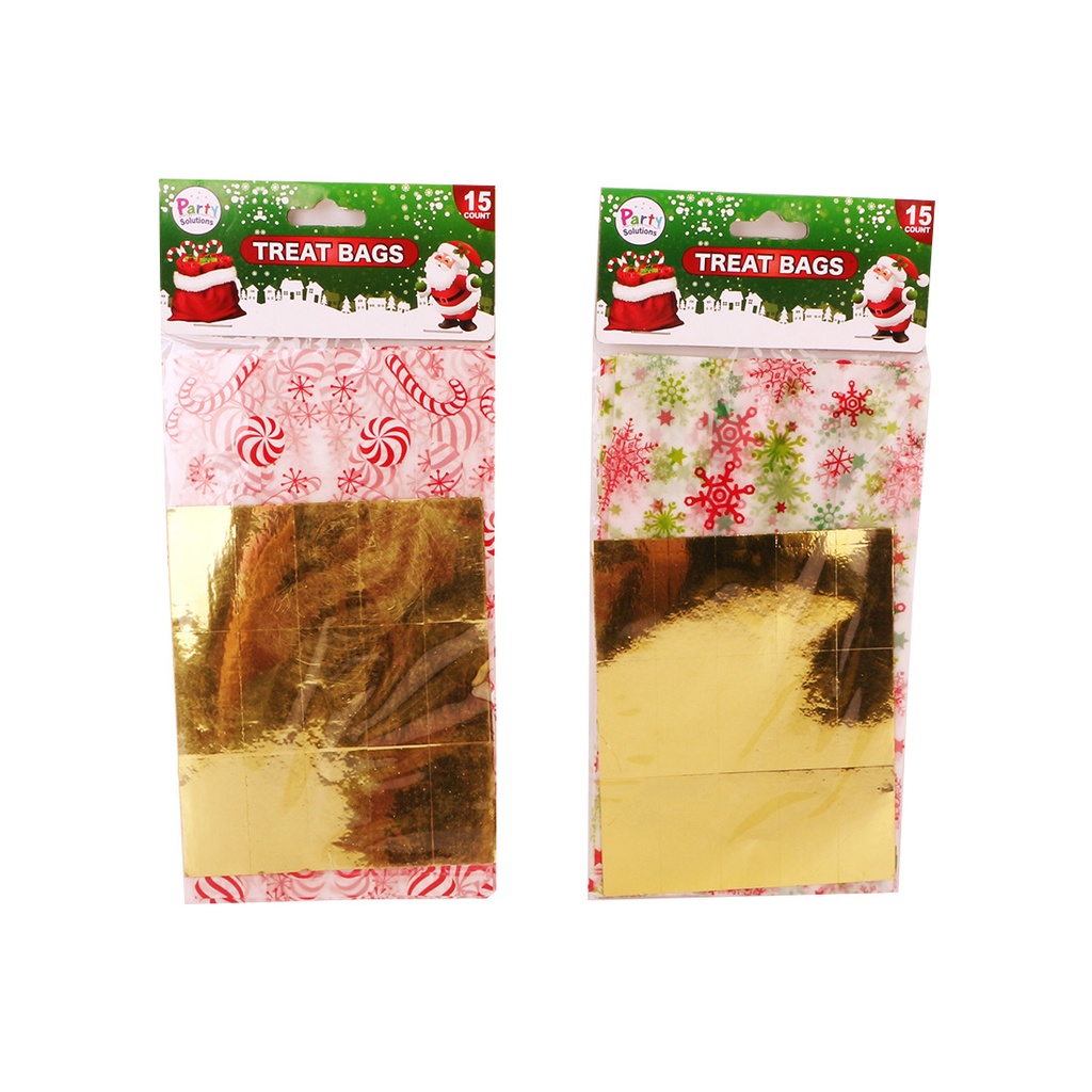 PARTY SOLUTIONS CHRISTMAS TREAT BAGS 15 CT INCLUDES FOIL STICKER ASSORTED DESIGNS