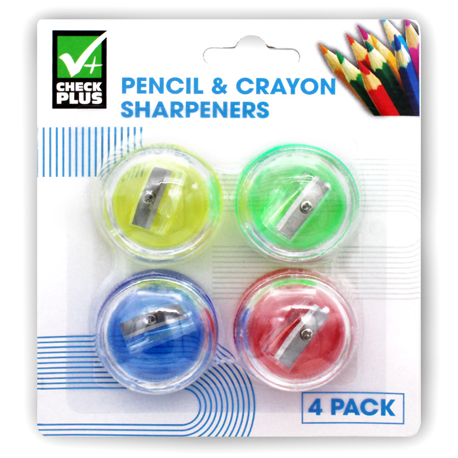 PENCIL SHARPENER 4 CT RD CONTAINER ASSORTED COLORS