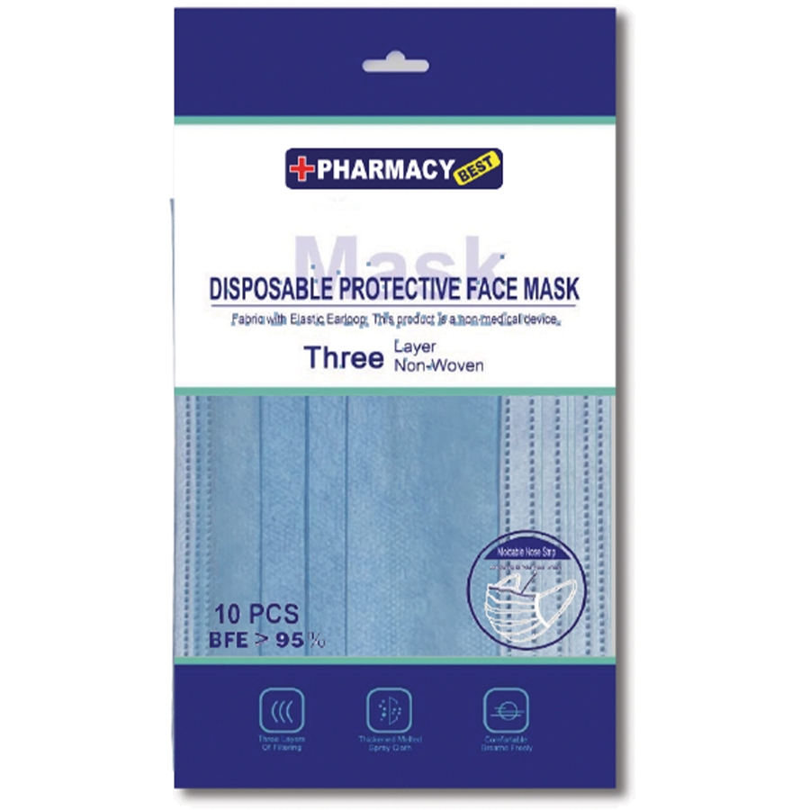 PHARMACY BEST DISP FACE MASK 10 CT 3 PLY DISPOSABLE