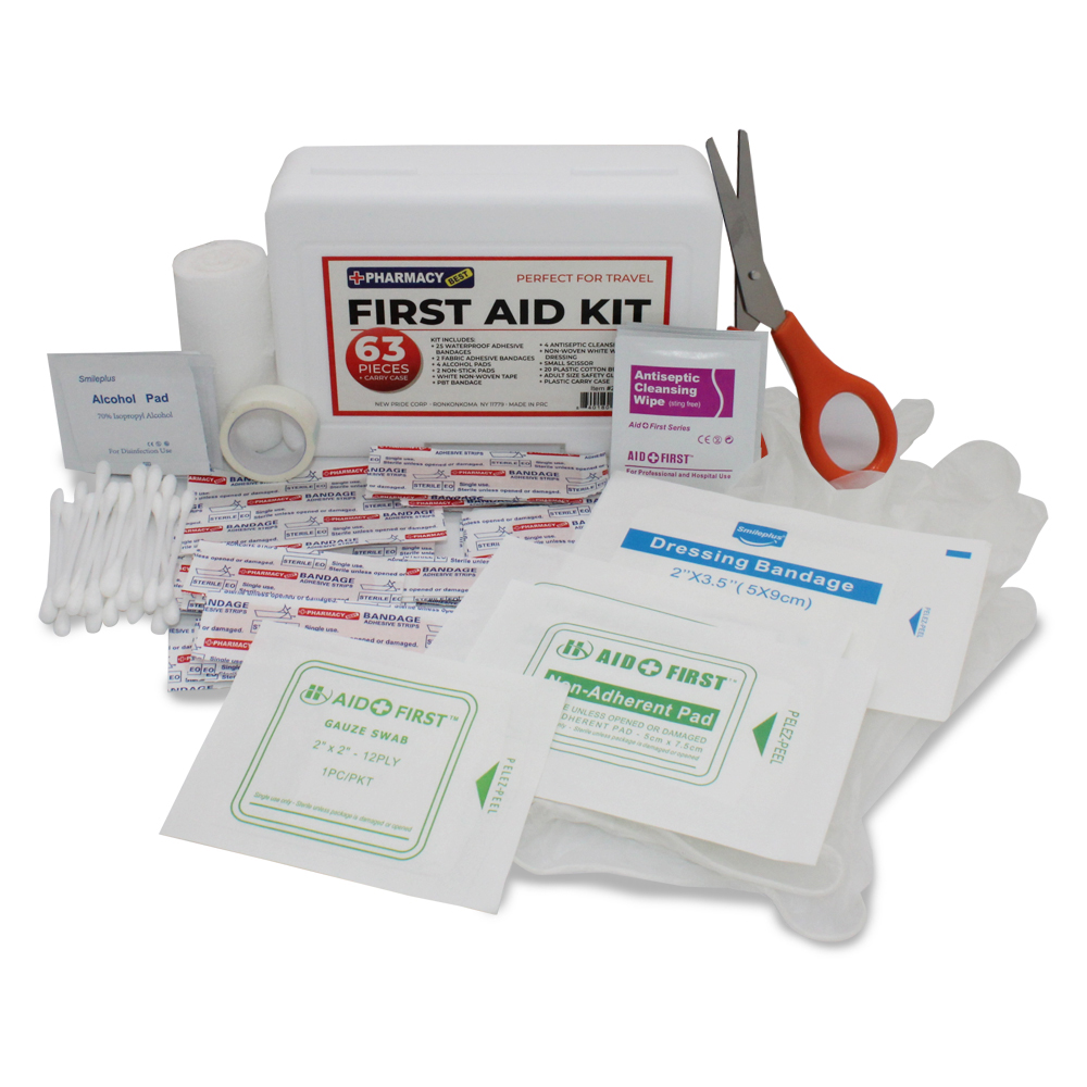 PHARMACY BEST FIRST AID BOX 42 CT - 27 CT ASSORTED BANDAGES, 4 CT ALCOHOL PADS, 4 CT CLEANING WIPES, 2 CT NON ADHESIVE PADS, NON WOVEN TAPE, PBT BANDAGE, SCISSOR, COTTON BUDS & SAFETY GLOVE