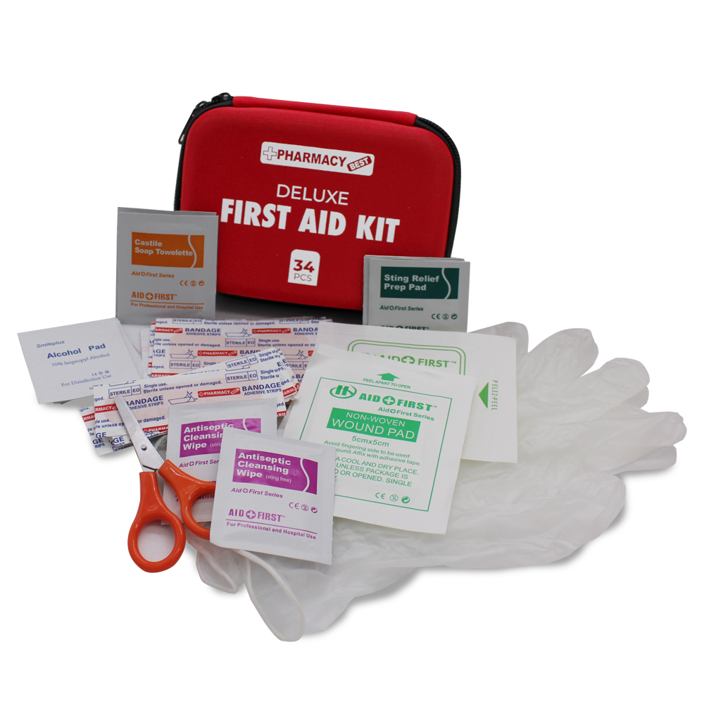 PHARMACY BEST FIRST AID CASE 34 CT DELUXE-15 CT ASSORTED BANDAGES, 4 CT ALCOHOL PADS, 3 CT STING RELIEF WIPES, 2 CT GAUZE PAD, 2 CT NON WOVEN PADS, 2 CT CLEANING WIPES, 2 CT SOAP TOWELETTE, 2 CT PVC GLOVES, SCISSOR & EVA BAG