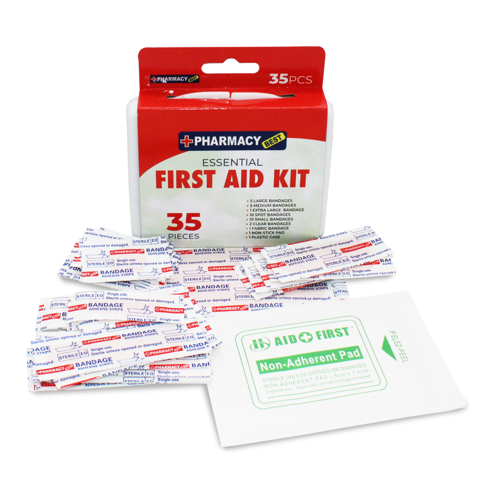 PHARMACY BEST FIRST AID KIT 35 CT ASSORTED BANDAGES, NON-STICK PAD, PLASTIC CASE & 
STICKERS