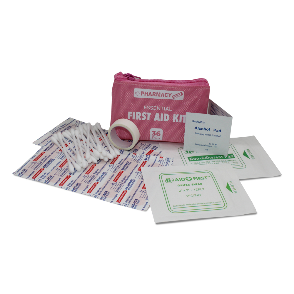PHARMACY BEST FIRST AID POUCH 36 CT - 20 CT 20 PC COTTON TIPPED APPLICATORS, 10 CT BANDAGES, 2 CT ALCOHOL PADS, NON ADHERENT PAD, WHITE NON WOVEN PAD, GAUZE PAD & FIRST AID BAG