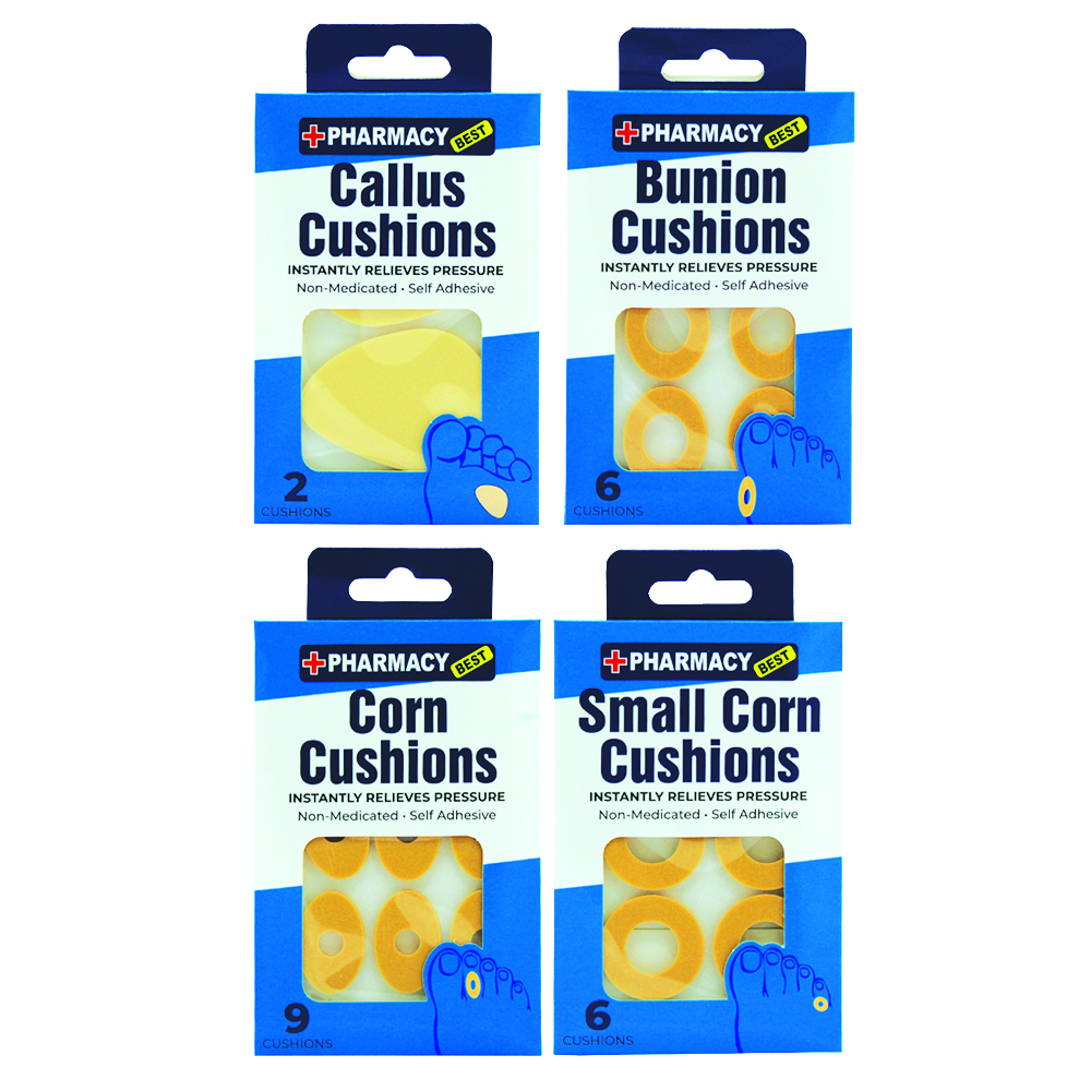 PHARMACY BEST FOOT CARE SET 4 CT ASSORTMENT-9 CT OVAL CORN CUSHIONS, 6 CT BUNION CUSHIONS, 6 PC SMALL CORN CUSHIONS & 2 PC CALLUS CUSHIONS