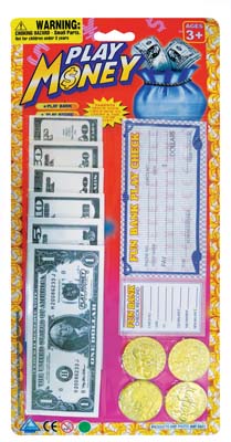 PLAY MONEY 1 PK BANK STORE SHOPPING BILLS COINS CHECKS