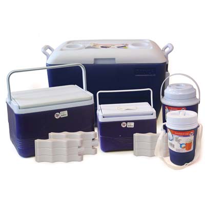 PRIDE COOLER SET  OF 5 (13.35 GL COOLER WITH WHEELS / 3.75 GL COOLER / 1.6 GL COOLER / 0.65 GL JUG / 0.35 GL JUG / 3 BONUS ICE PACKS-RED & BLUE)