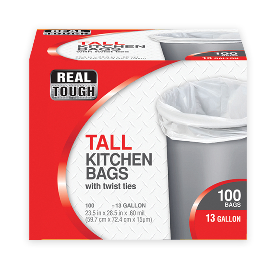 REAL TOUGH TALL KITCHEN BAG 13 GL 100 CT TWIST TIE WHITE