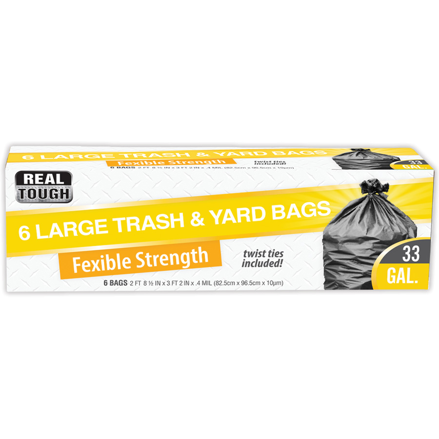 REAL TOUGH TRASH & YARD BAG 6 CT 33 GL TWIST TIE LARGE