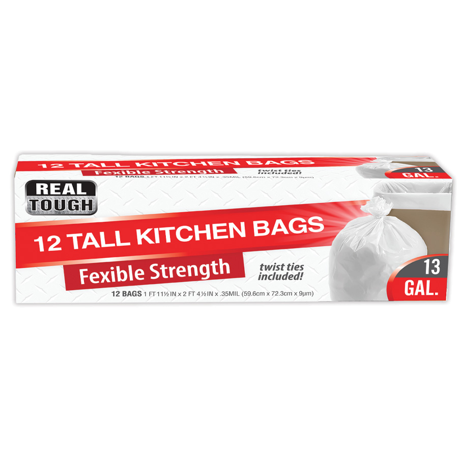 REAL TOUGH TRASH BAG KITCHEN TALL 13 GL 12 CT TWIST TIE