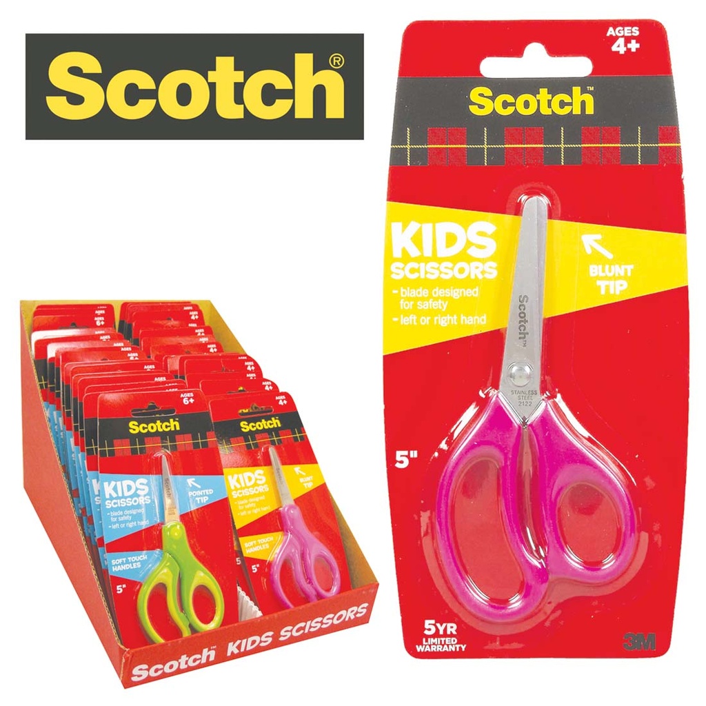 SCOTCH KIDS SCISSORS 5 IN SOFT TOUCH HANDLES ASSORTED IN DISPLAY