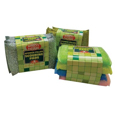 SIMPLY FOR HOME SPONGE FILLED SCOURING PADS 5 X 3.5 IN 4 PK HEAVY DUTY ASSORTED COLORS IN DISPLAY