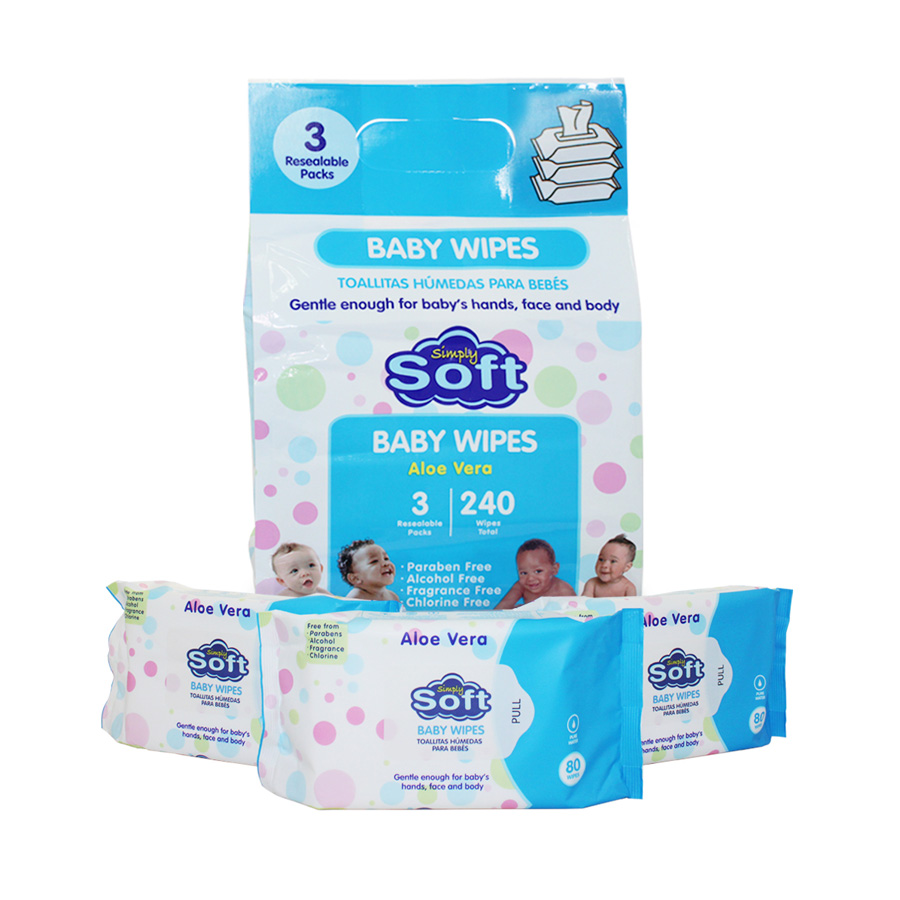 SIMPLY SOFT BABY WIPES 240 CT (3 X 80) BLUE WITHOUT LID
