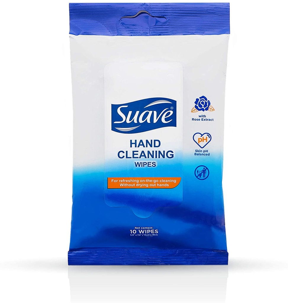 SUAVE HAND CLEANING WIPE 10 CT WITH ROSE EXTRACT AND PH SKIN BALANCED