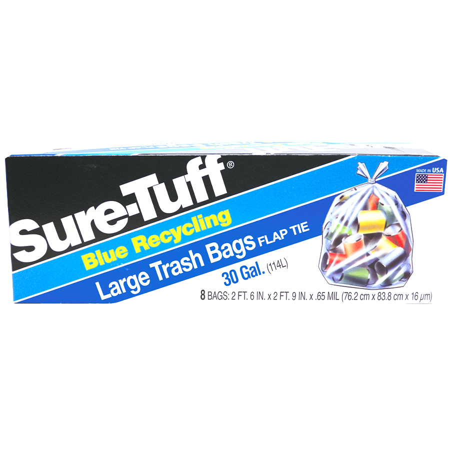 SURE TUFF TRASH BAG 30 GL 8 CT FLAP TIE BLUE RECYCLING (STR24BFT8)