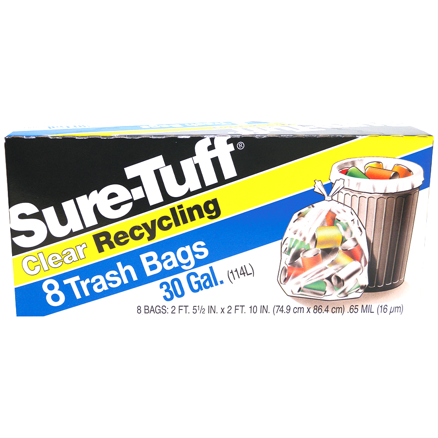 SURE TUFF TRASH BAG 30 GL 8 CT FLAP TIE CLEAR RECYCLING